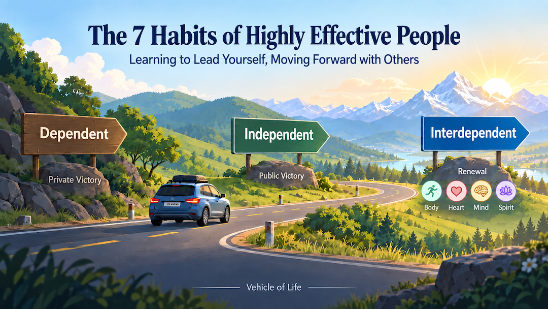 The 7 Habits journey: Dependence → Independence → Interdependence. Habits 1–3 Private Victory, Habits 4–6 Public Victory, Habit 7 Renewal.