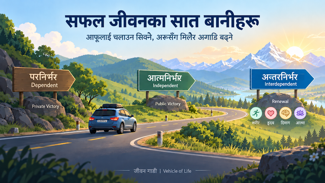 सात बानीको यात्रा: अरूमा निर्भर → आफ्नो जिम्मेवारी लिने → अरूसँग मिलेर अगाडि बढ्ने। बानी १–३ निजी विजय, बानी ४–६ सार्वजनिक विजय, बानी ७ नवीकरण।
