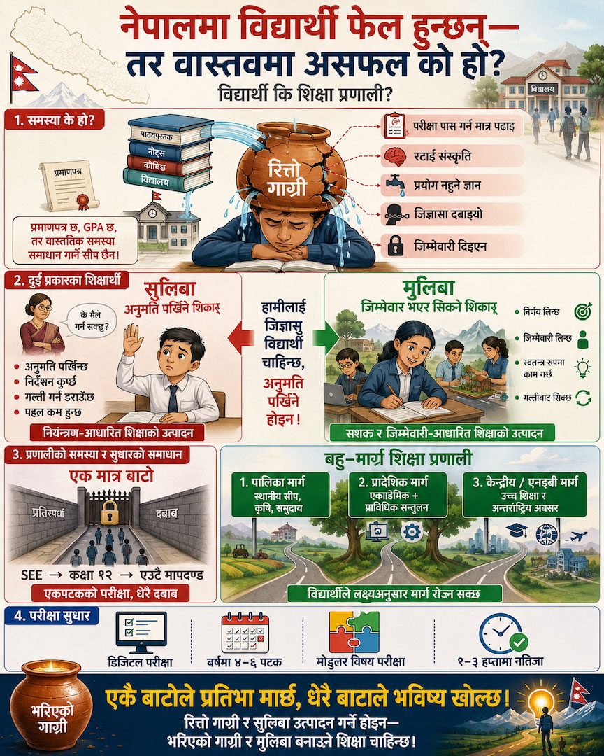 Illustration contrasting नियन्त्रण (Control) — a teacher directing a student — with सशक्तीकरण (Empowerment) — a child building with tools and ideas.