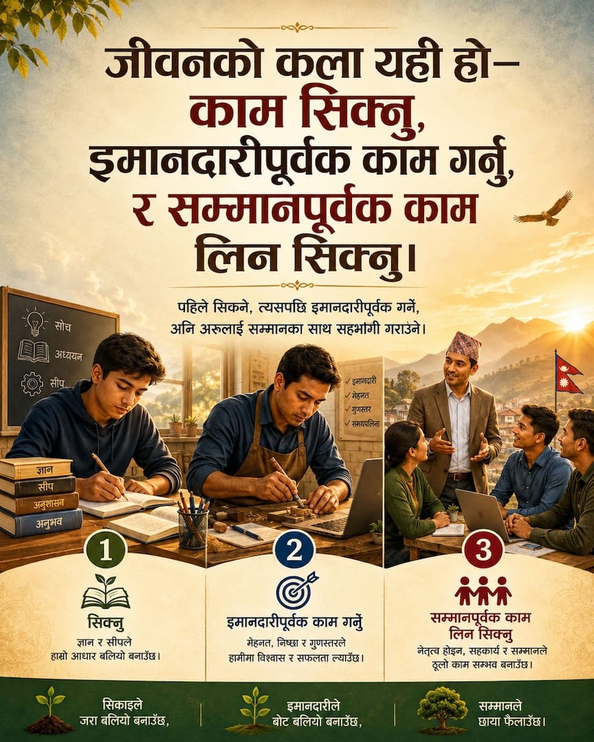 जीवनको कला यही हो — काम सिक्नु, इमानदारीपूर्वक काम गर्नु, र सम्मानपूर्वक काम लिन सिक्नु