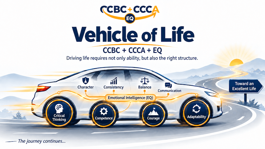 Vehicle of Life — a visual of CCBC + CCCA + EQ: Character, Consistency, Balance, Communication, Critical Thinking, Competence, Courage and Adaptability.