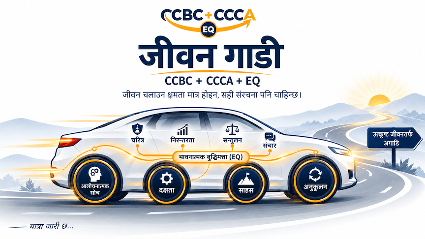 जीवन गाडी — CCBC + CCCA + EQ को दृश्य चित्रण: चरित्र, निरन्तरता, सन्तुलन, सञ्चार, आलोचनात्मक सोच, दक्षता, साहस र अनुकूलन।